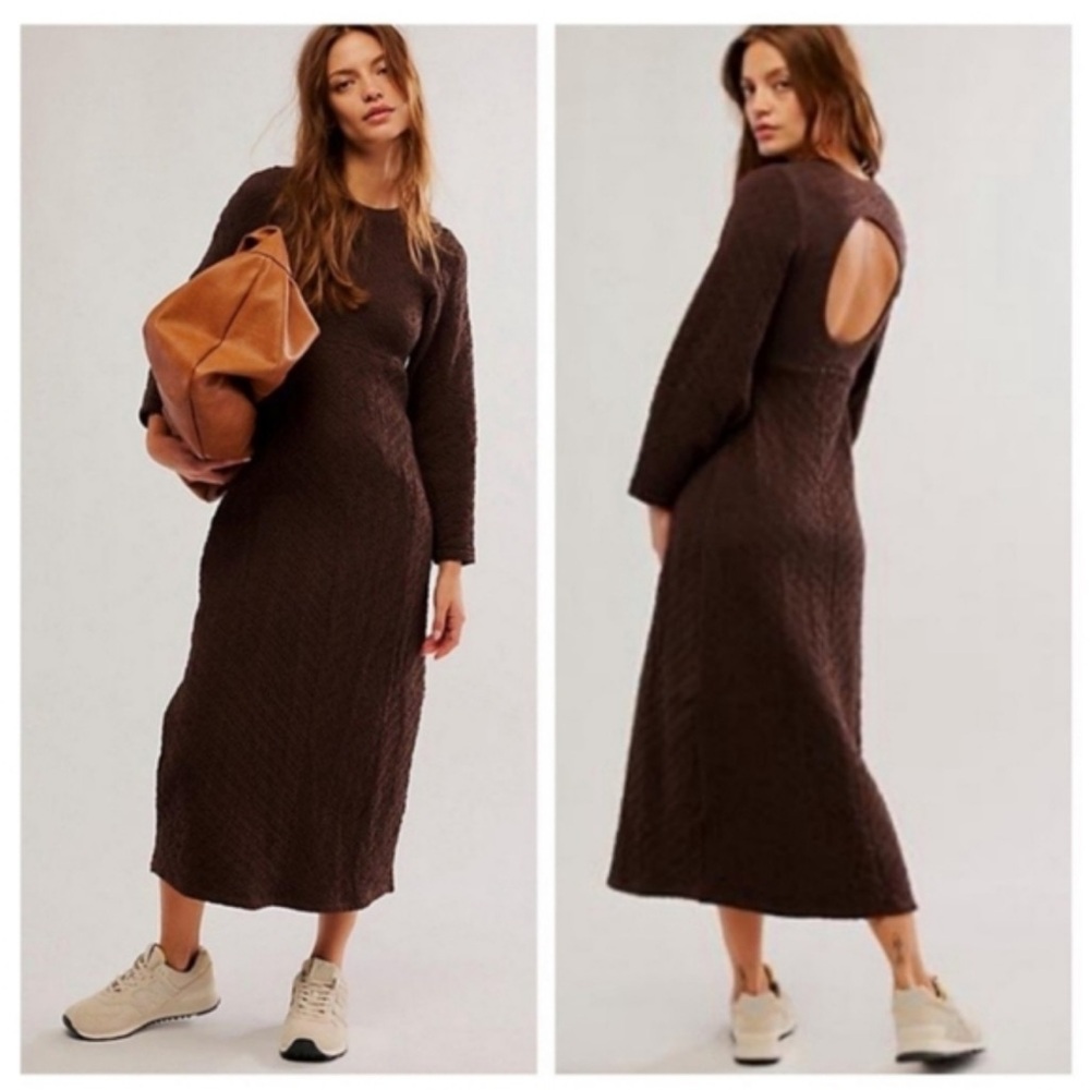 Free People Midi Sweater Dress Gabby Seamless Brown Stretchy Boho - M